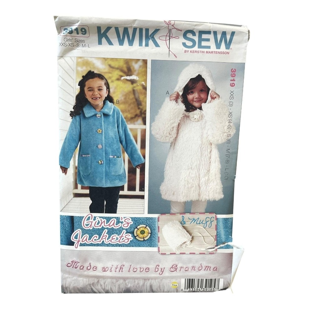 Kwik Sew 3919‎ Girls Jackets & Muff XXS-L Kids Hooded Collared Coat